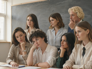 Um grupo de professores desanimados, dentro de uma sala de aula, em grupo, com alguns sentados e outros em pé.
