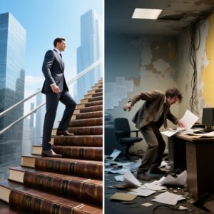 Uma imagem dividida em duas partes para fins de comparativo. Do lado esquerdo um homem vestindo um bonito terno, em um ambiente aberto, subindo uma escada feita de livros. Do lado direito um homem com um terno velho e sujo, trancado em uma sala bagunçada e suja, jogando papeis no chão.