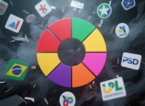 Uma imagem abstrata, com vários logotipos de partidos politicos brasileiros, voando ao redor de um circulo, com uma fumaça de fundo.