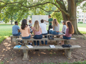 Aula ao ar livre, com alunos sentados em uma mesa de piquenique e com um professor de camisa verde em pé ao lado de um quadro branco.