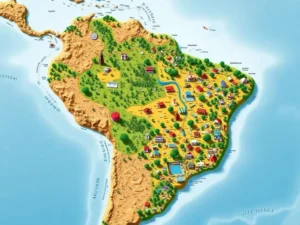 Um mapa abstrato do Brasil, não muito fiel ao mapa real, mostrando o posicionamento de algumas casas e relevo.