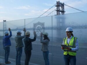 Um grupo de engenheiros jovens, homens e mulheres, vestindo um capacete de proteção usado em obras, levantando a mão como se estivessem votando em algo. Uma das engenheiras está usando um colete amarelo e está segurando uma prancheta, como que controlando a atividade, que se dá ao ar livre, em uma ponte, com uma parede de proteção de vidro.