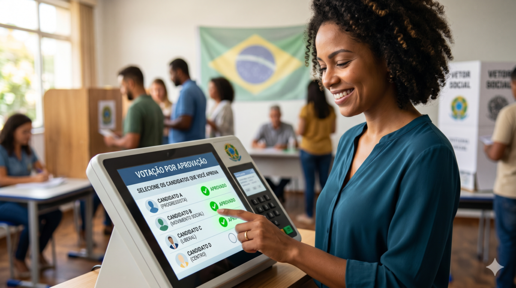 Uma mulher negra, com um perfil bem brasileiro, está votando em uma urna eletrônica com tela touchscreen. Toda a cena se dá em uma sala de aula preparada para a votação, inclusive com a presença de mesários e da bandeira do Brasil.
