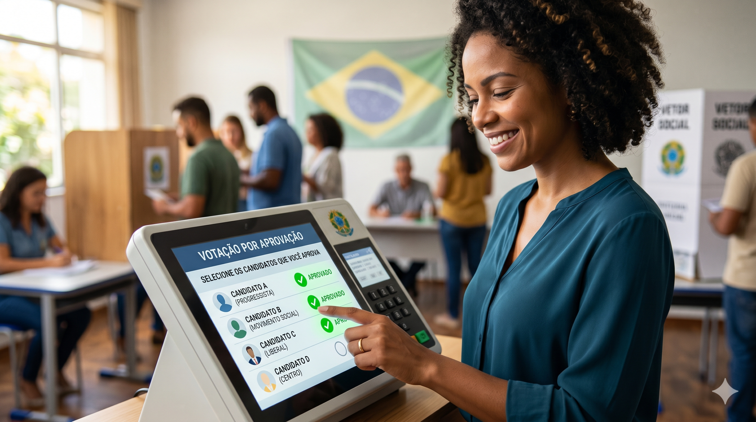Uma mulher negra, com um perfil bem brasileiro, está votando em uma urna eletrônica com tela touchscreen. Toda a cena se dá em uma sala de aula preparada para a votação, inclusive com a presença de mesários e da bandeira do Brasil.