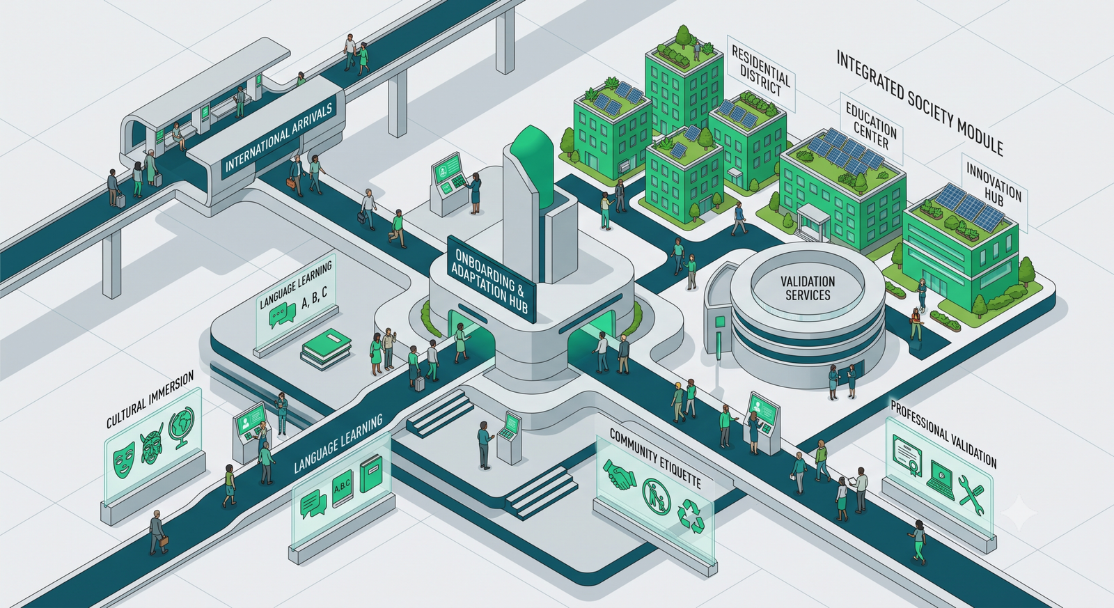Ilustração isométrica 3D representando uma Cidade-Hub de Adaptação para engenharia de integração e onboarding de imigrantes.