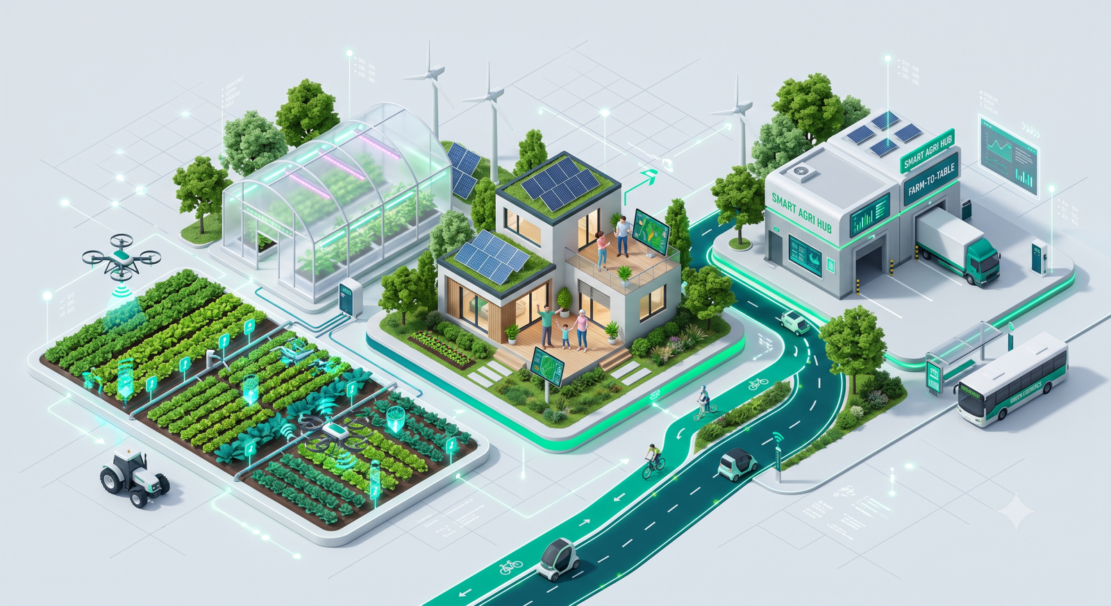 Ilustração isométrica 3D representando a fazenda do futuro com agricultura de precisão, tecnologia e produção sustentável.