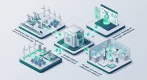 Ilustração isométrica 3D da Previdência 2.0 mostrando a integração entre fundos soberanos, automação e pesquisa científica de idosos com IA.